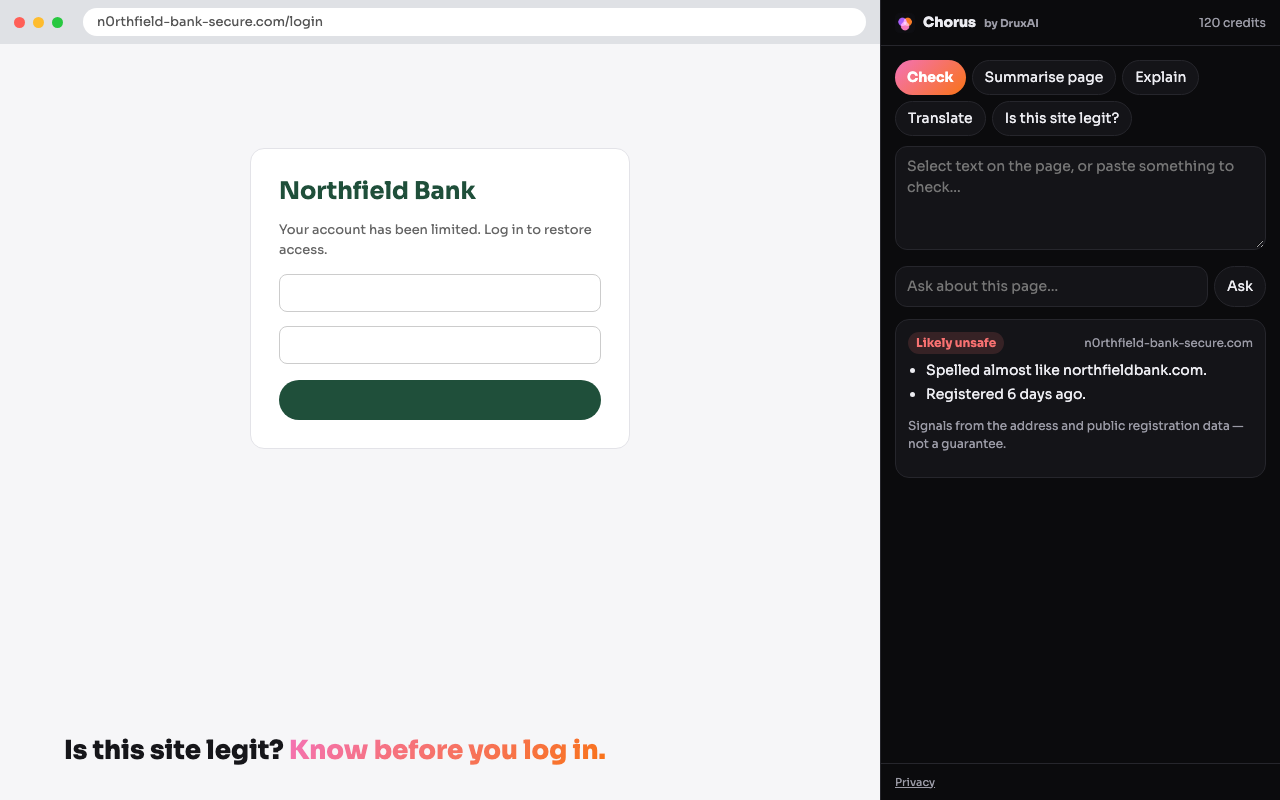 Chorus warning about a look-alike bank address